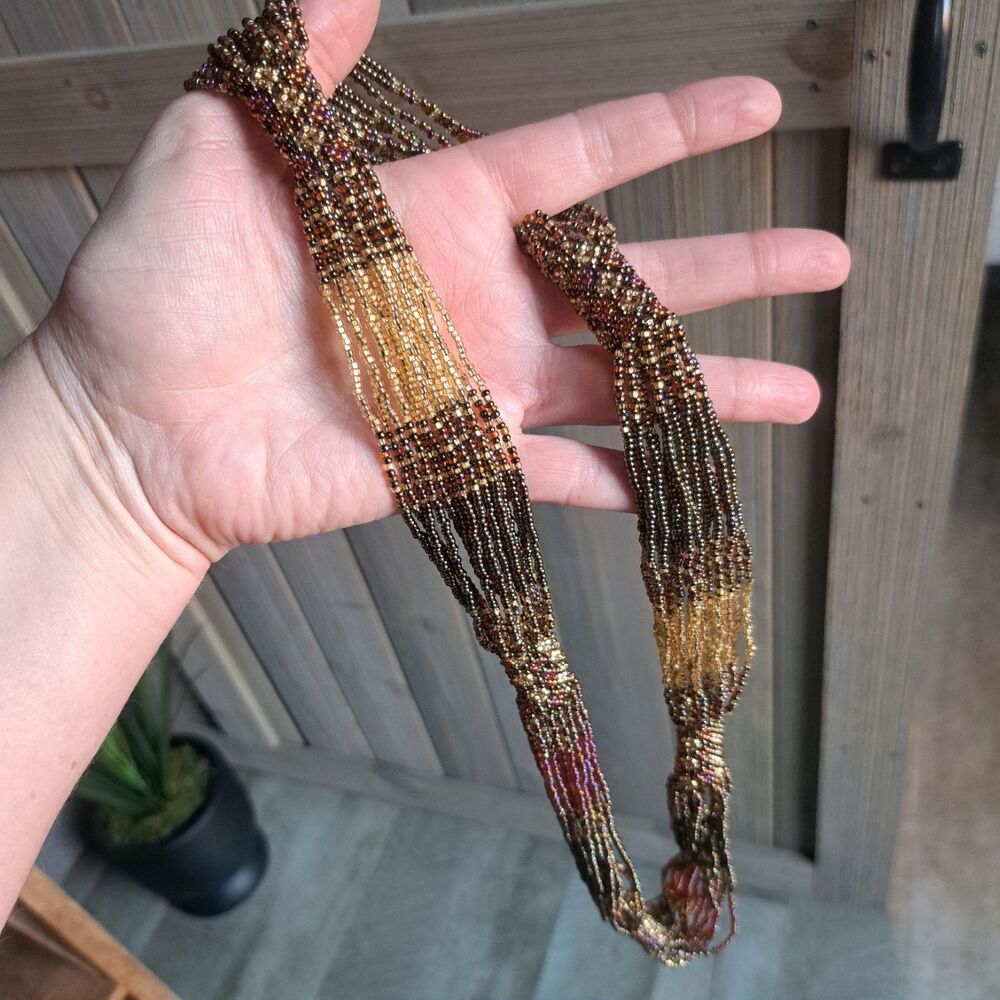 Guatemalan Hand Beaded Chunky Long Layered Necklace Jewelry Gold Brown Beads